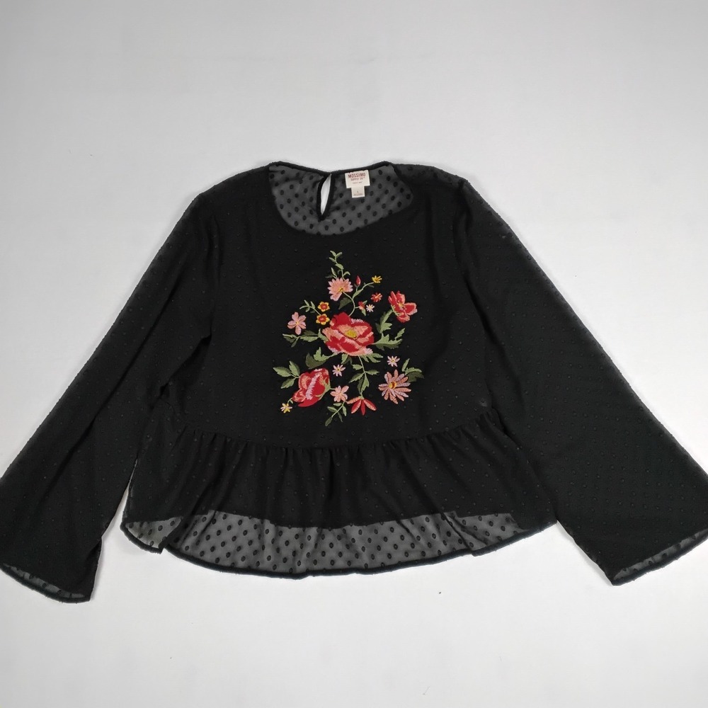 Mossimo Supply Co. Swiss Dot Peplum Blouse Womens Small Black Rose Embroidered